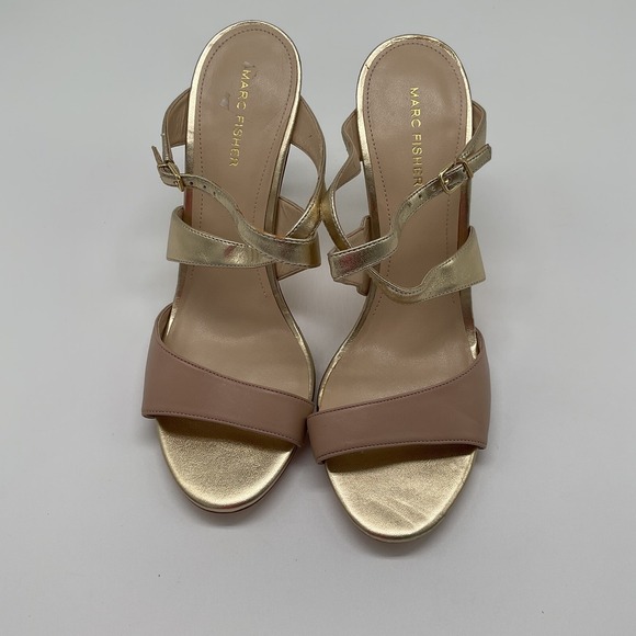 Marc Fisher Gold Heels Dress Sandals‎ Ankle Strap Party Shoes Size 9.5 - Picture 1 of 12